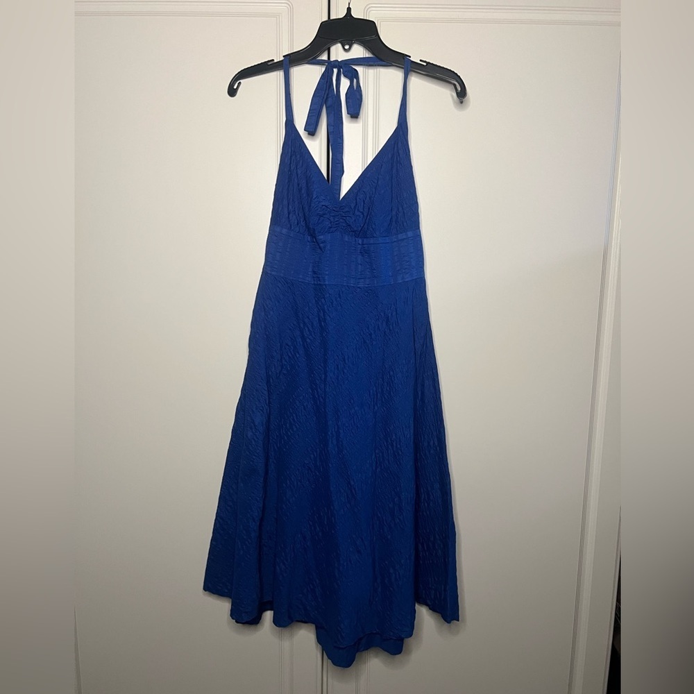 J.Crew 2008 Vintage Cobalt Blue 100% Cotton Halter Midi Dress - Picture 2 of 10